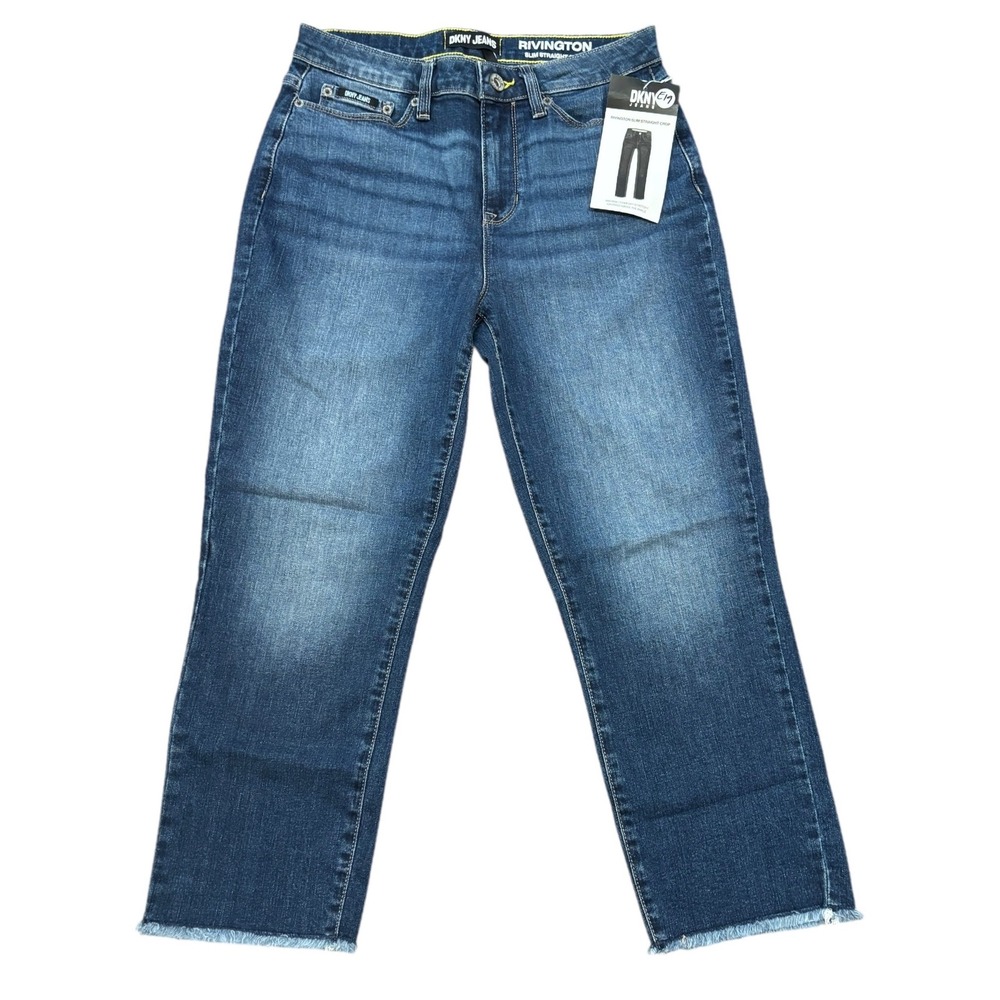DKNY‎ Jeans Rivington Slim Straight Crop Frayed Hem Dark Wash Denim NWT